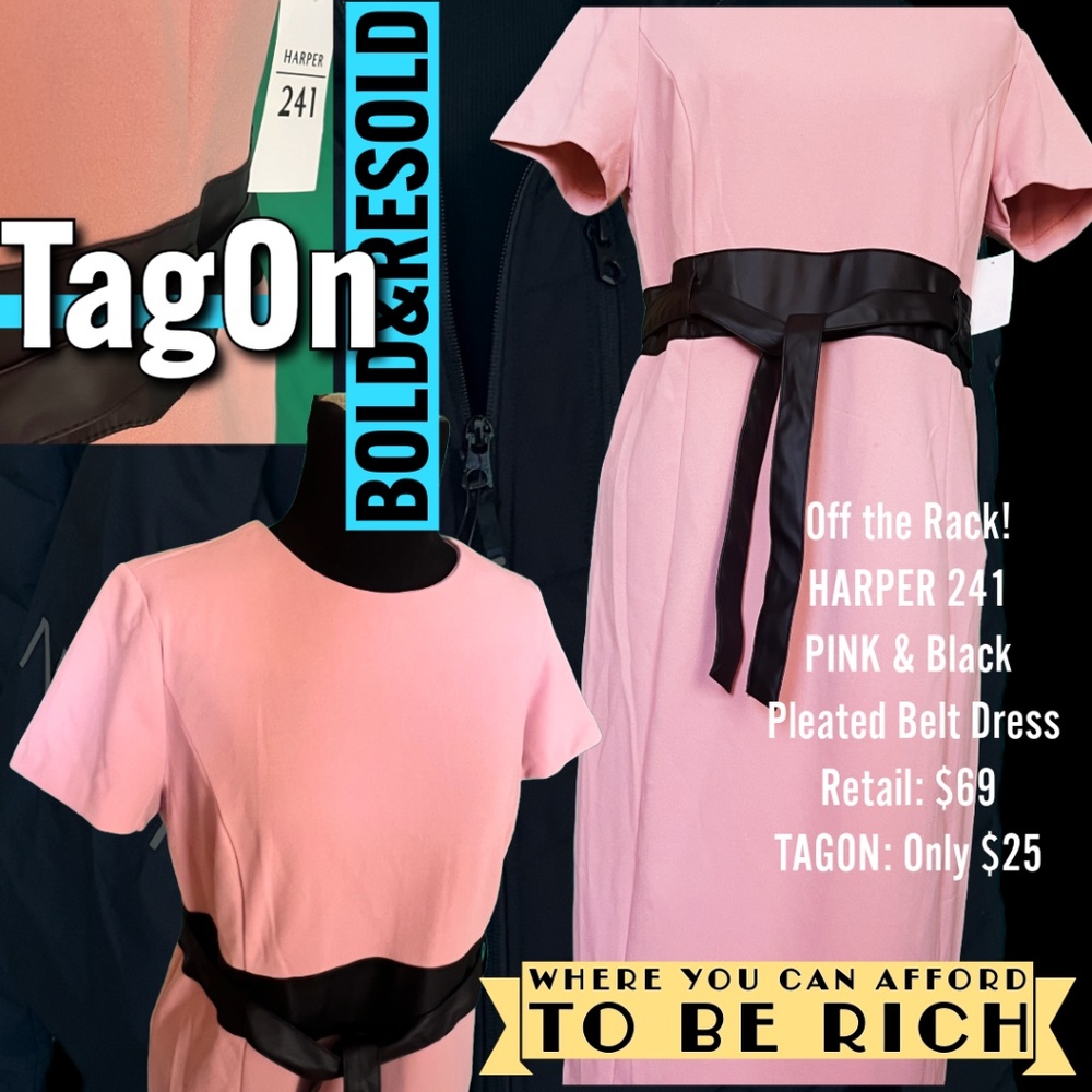 Elegant Harper 241 Pink & Black Pleated Belt Dress
